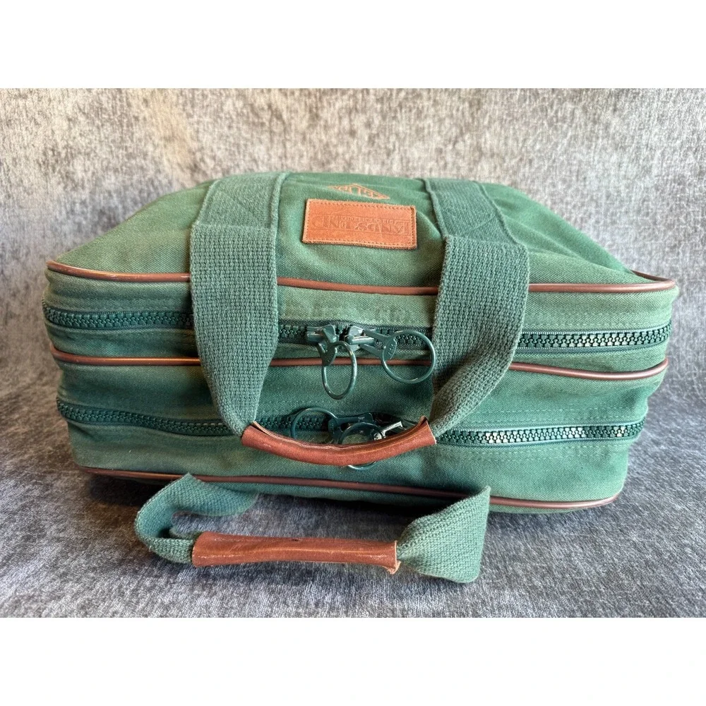 Vintage Lands' End Green Canvas Leather Trim Travel Duffle Bag Luggage Briefcase